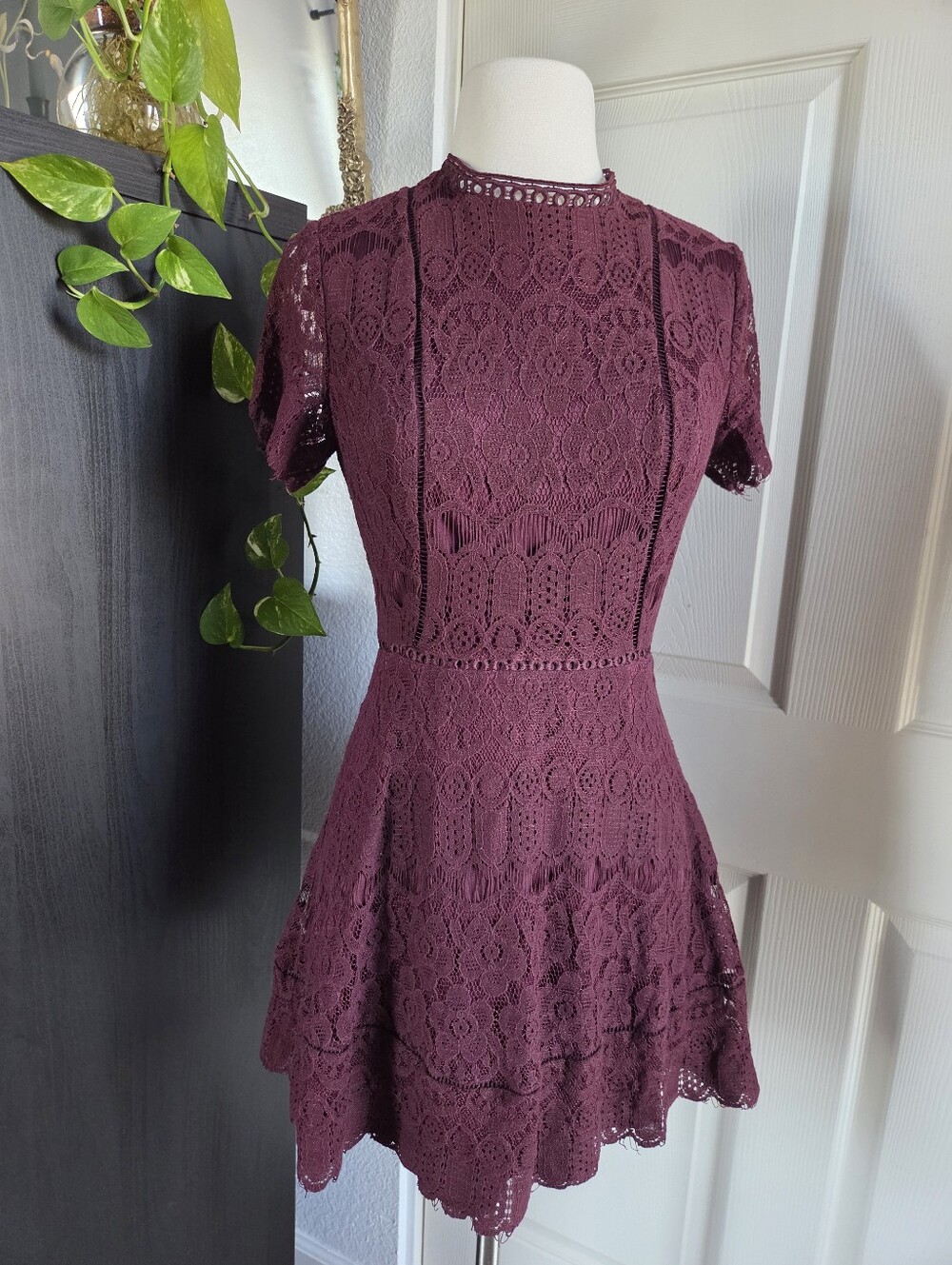 Purple Lace Mini Dress High Neck Size Small